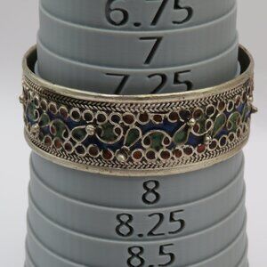 Vintage Silver Tone Enamel Ethnic Tribal Bangle Bracelet